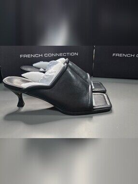 French Connection Black Leather Square-Toe Mule Heels